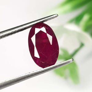 Op de afbeelding: Een dieprode, ovaal geslepen edelsteen vastgehouden door een metalen pincet. De steen heeft een gefacetteerd oppervlak met zichtbare interne insluitingen en scherpe, geometrische lichtreflecties over het gepolijste, doorschijnende, karmozijnrode lichaam.