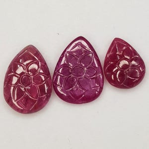 Natural Ruby Hand Carved Gemstone , Unheated Pear Shape Carvings 3 pcs