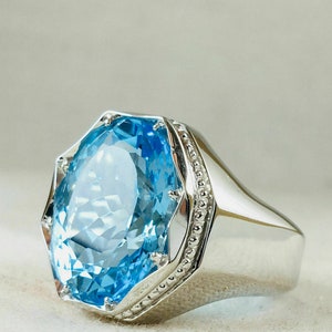 Anillo de fiesta para hombre de plata de ley 925 maciza con piedra preciosa de topacio azul