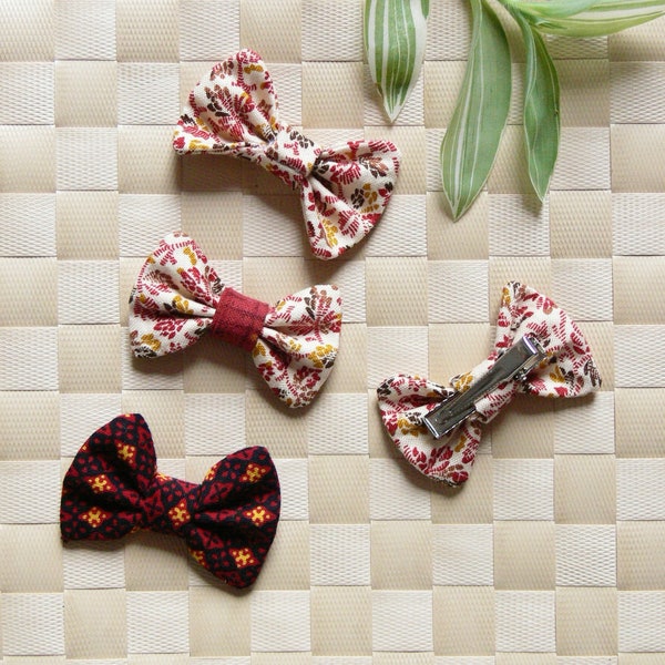 Barrette nœud-papillon en tissu bordeaux