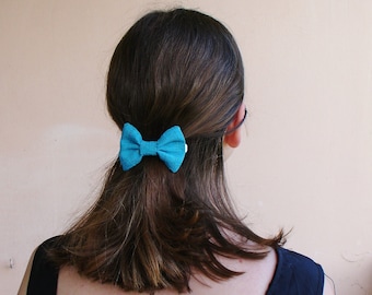Turquoise linen bow tie hair clip