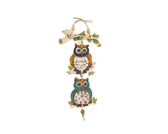 May include: A ceramic owl wall hanging with three owls, one on a branch, and two hanging below. The owls are painted in shades of blue, green, yellow, and white with black eyes.