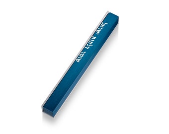 May include: A blue mezuzah with silver trim and the Hebrew text "Shema Yisrael" inscribed on it.