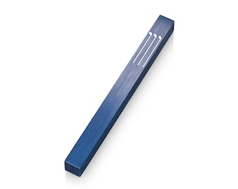 May include: A blue metal mezuzah with a brushed finish and three white lines etched into the surface.