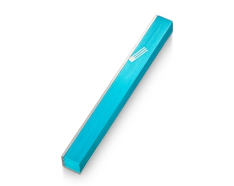 May include: A turquoise blue mezuzah with a silver trim and a silver Star of David design.