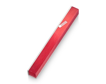 May include: A red mezuzah with a silver trim and a white Hebrew inscription.