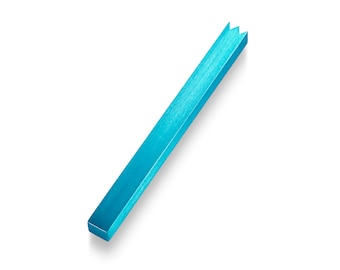 May include: A long, thin, turquoise blue metal bar with a jagged edge at one end.