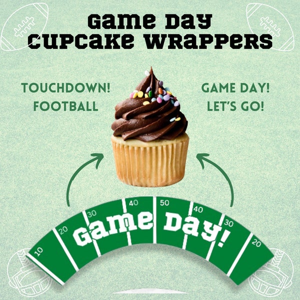 Printable Football Game Day Cupcake Wrappers, Superbowl Cupcake Holder, Draft Day Muffin Wrapper, Printable Cupcake Label