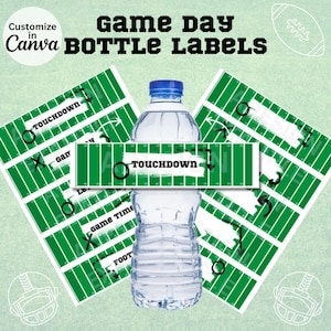 May include: Printable water bottle labels with a green and white football field design. The labels feature the text "Touchdown" and arrows pointing to the end zone. Customize in Canva.