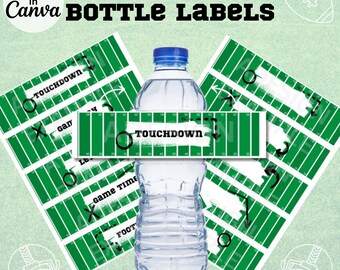 May include: Printable water bottle labels with a green and white football field design. The labels feature the text "Touchdown" and arrows pointing to the end zone. Customize in Canva.