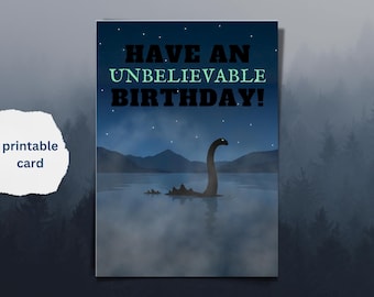 Carte d'anniversaire Nessie : fête des cryptides du monstre du Loch Ness (PDF imprimable)