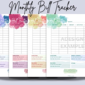May include: A printable monthly bill tracker with watercolor backgrounds. The tracker includes sections for checking, savings, credit cards, and other expenses. It also includes a section for notes and a quote that says "Never spend your money before you have earned it."