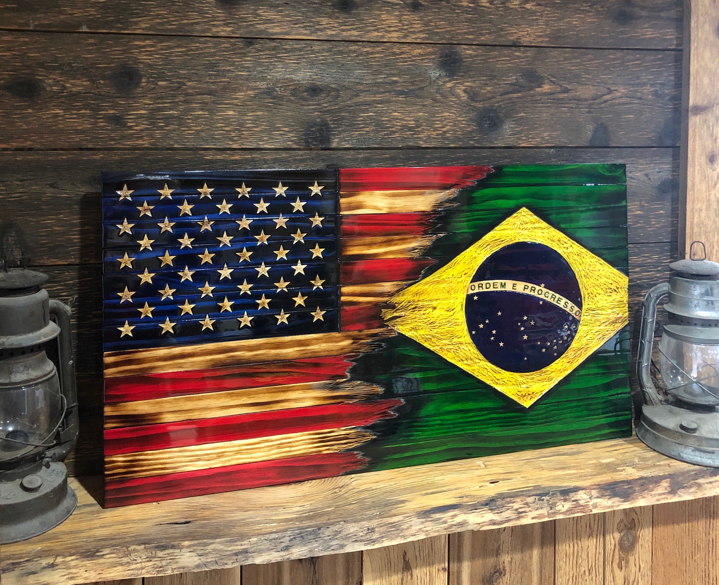 Rustic American Brazil Split Flag - Etsy