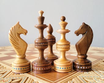 Beads Soviet Wooden Chess set Vintage Antique Large Big handcarved USSR Huge