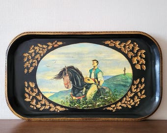 Zeer groot houten dienblad jaren 60 volkskunst schilderij vintage antiek enorm gesneden paard