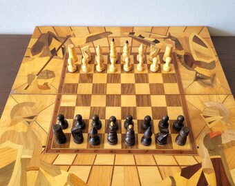 Groot Sovjet houten schaakspel jaren 80 vintage antieke grote handgesneden USSR enorm