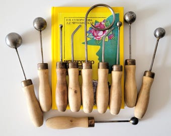 SOLD Book + 10 vintage Millinery flower making tools wooden Hat block Antique
