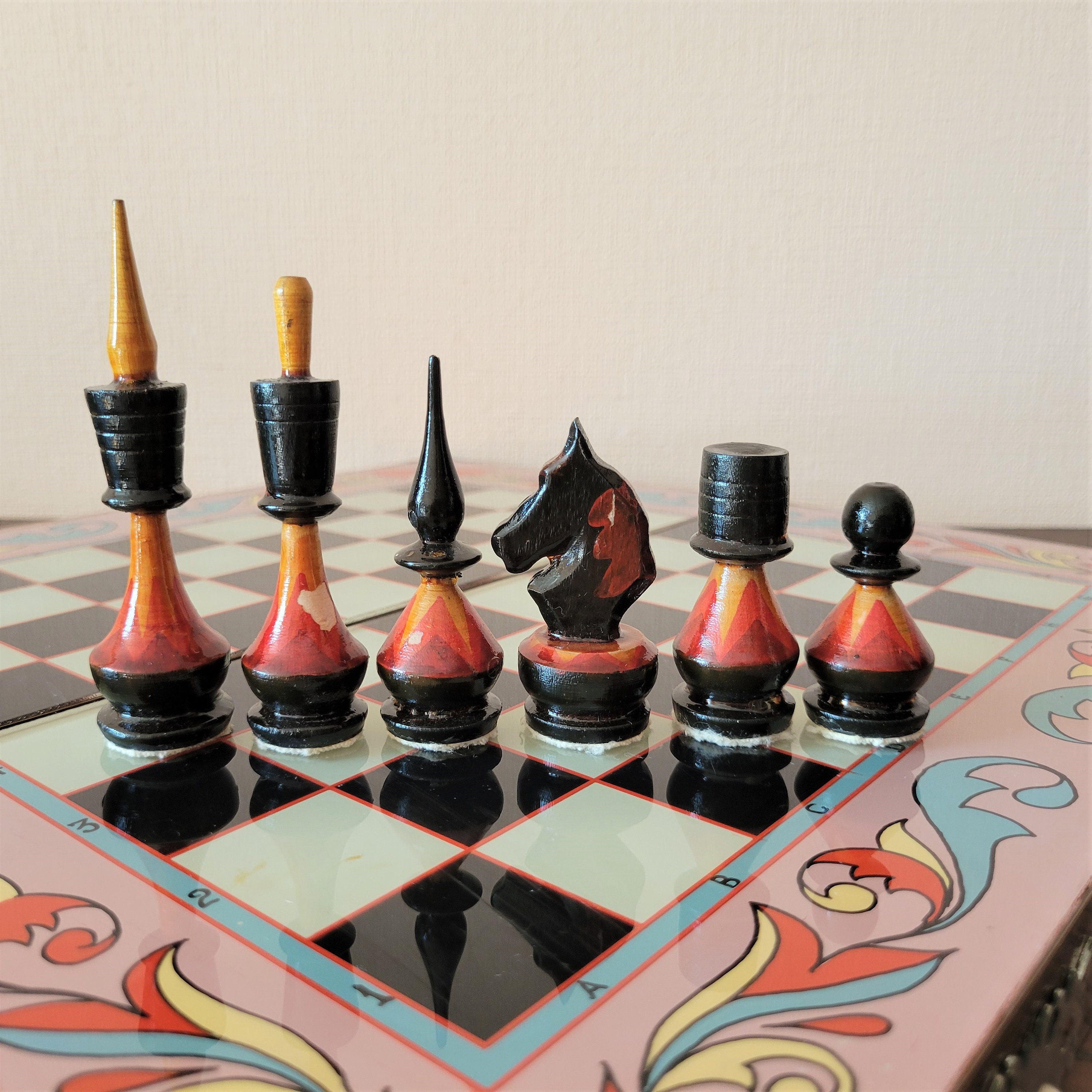 Soviet folk art chess set 6070s Wooden russia vintage chess Etsy