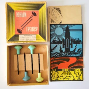 Vintage linocut tools set Engraving kit Soviet linoleum carving Antique