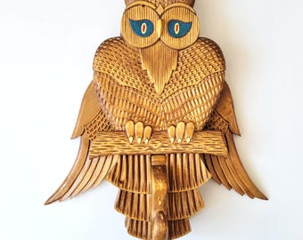 Mechanische uilenhaak jaren 50 houten gesneden hanger vintage antieke wanddecoratie kunst