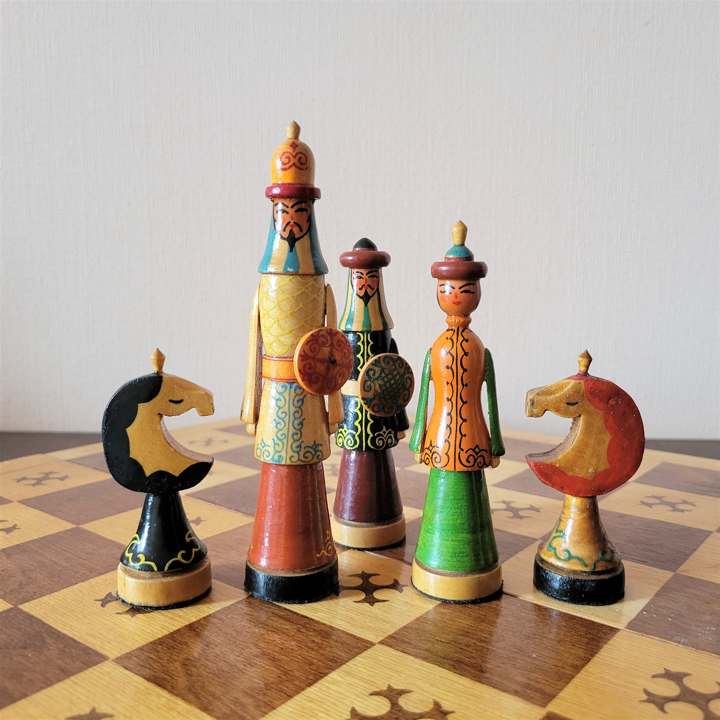 Large soviet handpainted chess set Wooden Oriental Russia Etsy