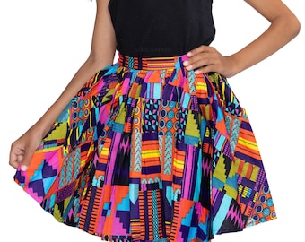 African print Kids Skirt + Headtie with Bow set in Blue Kente ( 1 - 10 years ) - Ankara children's fashion