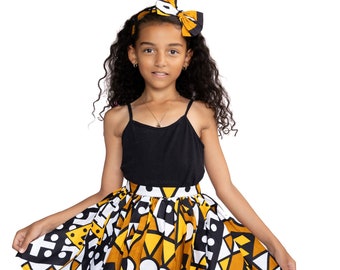 African print Kids Skirt + Headtie with Bow set - Mustard Yellow Samakaka ( 1 - 10 years ) - Ankara children's fashion