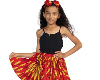 African print Kids Skirt + Headtie with Bow set in Red sunburst ( 1 - 10 years ) - Ankara children's fashion