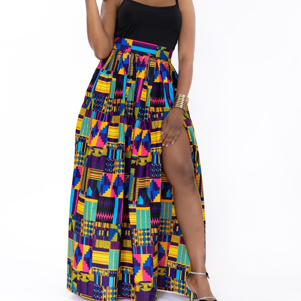 Jupe maxi imprimé africain avec fente - kente multicolore - jupe maxi wax, jupe ankara, vêtements en tissu africain