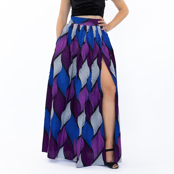 African print maxi skirt with slit - Purple Swirl - wax maxi skirt, ankara skirt, African fabric clothing