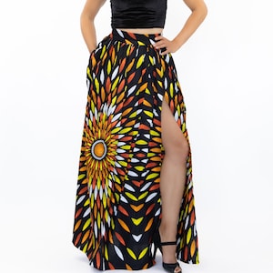 African print maxi skirt with slit - Black / Yellow sunburst - wax maxi skirt, ankara skirt, African fabric clothing