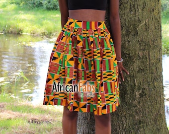 African Print Orange Kente Mini Skirt - jupe cire, vêtements africains, jupe midi, robe africaine demi-longueur ankara, jupe ankara femme