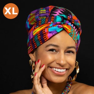 XL Easy headwrap - Satin lined hair bonnet with straps - Blue / pink Kente - African turban / pre wrapped head wrap