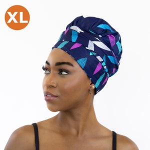 XL Easy headwrap - Satin lined hair bonnet with straps - Blue / pink sunburst - African turban / pre wrapped head wrap