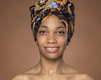 Easy headwrap - African print Satin lined hair bonnet - Blue Yellow Paisley - Semi Pre-Tied turban