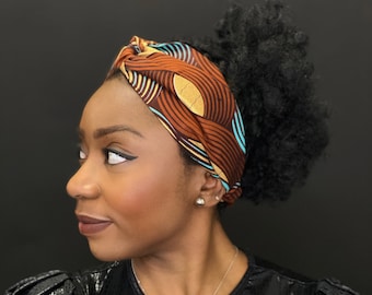Afrikanischer Print Twist Stirnband Kopfschmuck – Erwachsene – Haarschmuck – Braun / Goldwirbel Brillant Platinum Edition