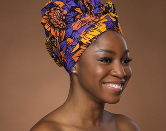 Easy headwrap - African print Satin lined hair bonnet - Yellow & Purple Flowers - Semi Pre-Tied turban