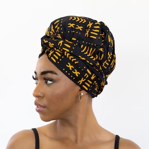 Easy headwrap - Satin lined hair bonnet - Black / yellow Bogolan - headband / bandana