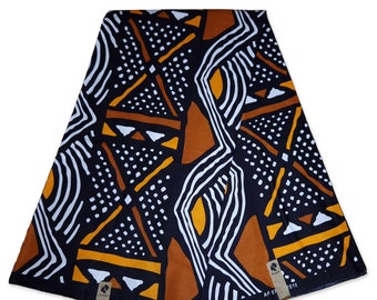 Afrikanischer Stoff mit Bogolan-/Schlammstoffdruck in Braun-Orange AF-4008 – Wachsstoff mit afrikanischem Druck aus Mali – Traditioneller Stoff aus 100 % Baumwolle