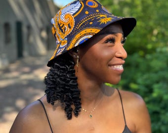Bucket hat / Fisherman hat with African print - Navy blue Yellow Paisley - Kids and Adults sizes (Unisex)