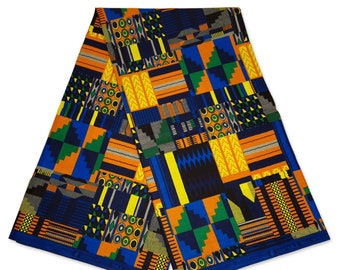 Kente Druckstoff Kente Afrikanisch Blau/Orange Baumwollstoff Ghana Wachstuch AF-4027 - 100% Baumwolle