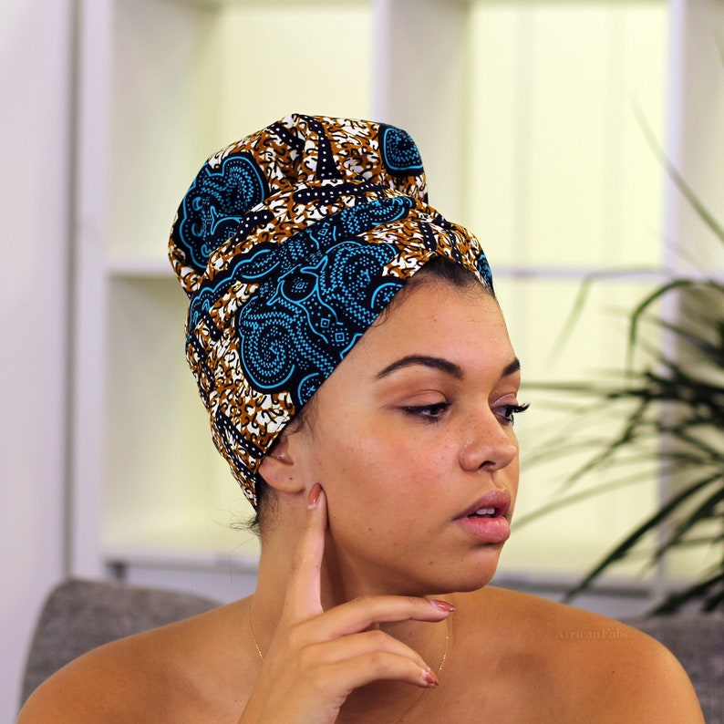 Easy headwrap Satin lined hair bonnet Blue / Mustard classic headband / bandana image 3