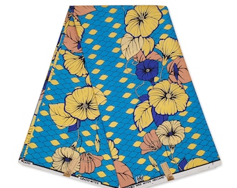 Afrikanischer Wax Print Stoff - Grand Wax - Blau Gold Blumen - Ankara Stoffe - Afrikanisches Wachstuch