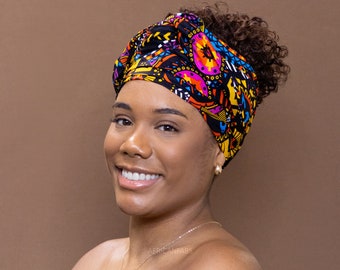 Afrikanisches Kopftuch – dunkle mehrfarbige Scheiben – 100 % Baumwolle, Ankara-Druckstoff, Turban / Schal / Stirnband / Kopfbinde / Wickeltuch