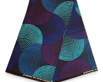 Tkanina z nadrukiem afrykańskim – wzór koncentrycznych okręgów w kolorze niebieskim i turkusowym – tkanina z nadrukiem woskowym / tkanina afrykańska / materiał Ankara – 100% bawełna