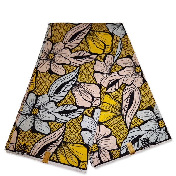African fabric - Yellow Big flower - Ankara Cotton Wax print Fabrics - African Wax cloth by the yard - Mitex Holland