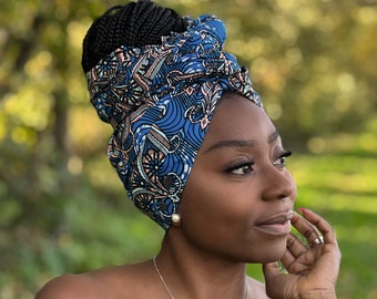 Afrikanisches Kopftuch - Blau / Schwarz - 100% Baumwolle Ankara-Druckstoff Turban / Schal / Stirnband / Kopfband / Wickel
