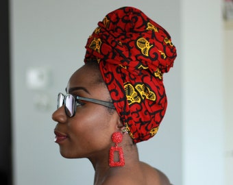 African headwrap - red / yellow African scarf / headband / bandana - Vlisco Hollandais Wax print ankara fabric headtie