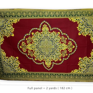 May include: Red fabric with a gold and green floral pattern. The fabric is 2 yards (182 cm) long.