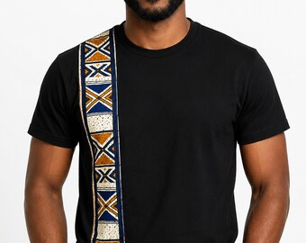 Men's Slim Fit Cotton T-shirt with African print details - Blue Bogolan Heritage Band